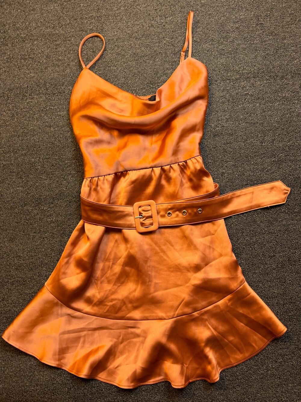 Satin Cowl Neck Belted Mini Dress - Rose Gold / Copper (Women’s Size Medium)